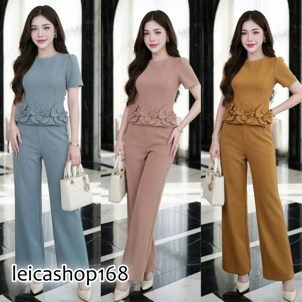 สินค้าพร้อมส่ง ชุดเซตออกงาน ผ้าวูลเวฟ เสื้อคอเหลี่ยมแต่งดอกไม้3D + กางเกงเอวเรียบสม๊อคหลังมีกระเป๋า A7625