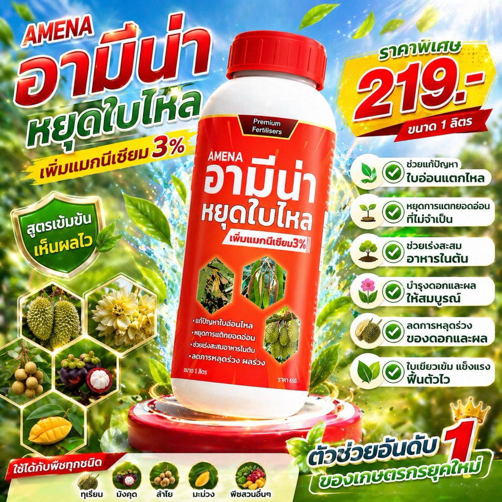 อามีน่า หยุดใบไหล (เพิ่มแมกนีเซียม 3%) สูตรเข้มข้น ช่วยแก้ปัญหาใบอ่อน ใบไหล ใบร่วง ฟื้นฟูต้น 1ลิตร