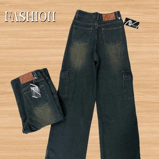 Fashion รุ่น #6551 กางเกงยีนส์ คาร์โก้ ทรงกระบอก สีสนิมเข้ม แต่งเฟดขา ทรงสวยผ้าไม่ยืด กระเป๋าตรง 2 ใบ