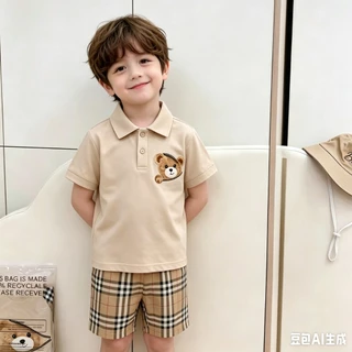 MC259 ชุดเด็กน่ารัก สไตล์เกาหลี เสื้อหมี + กางเกงลายสก็อต พร้อมส่ง