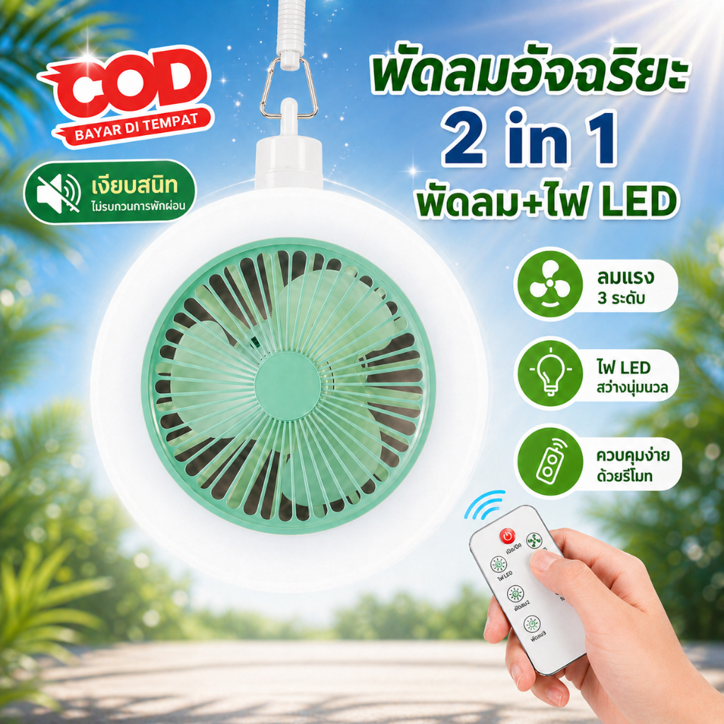 【HS】พัดลมโคมไฟ 2in1 MR-1213 มีรีโมท ดีไซน์สวย สีขาว/เขียว/ชมพู ติดตั้งง่าย เหมาะสำหรับห้องนอน สว่างจ้า พร้อมส่ง