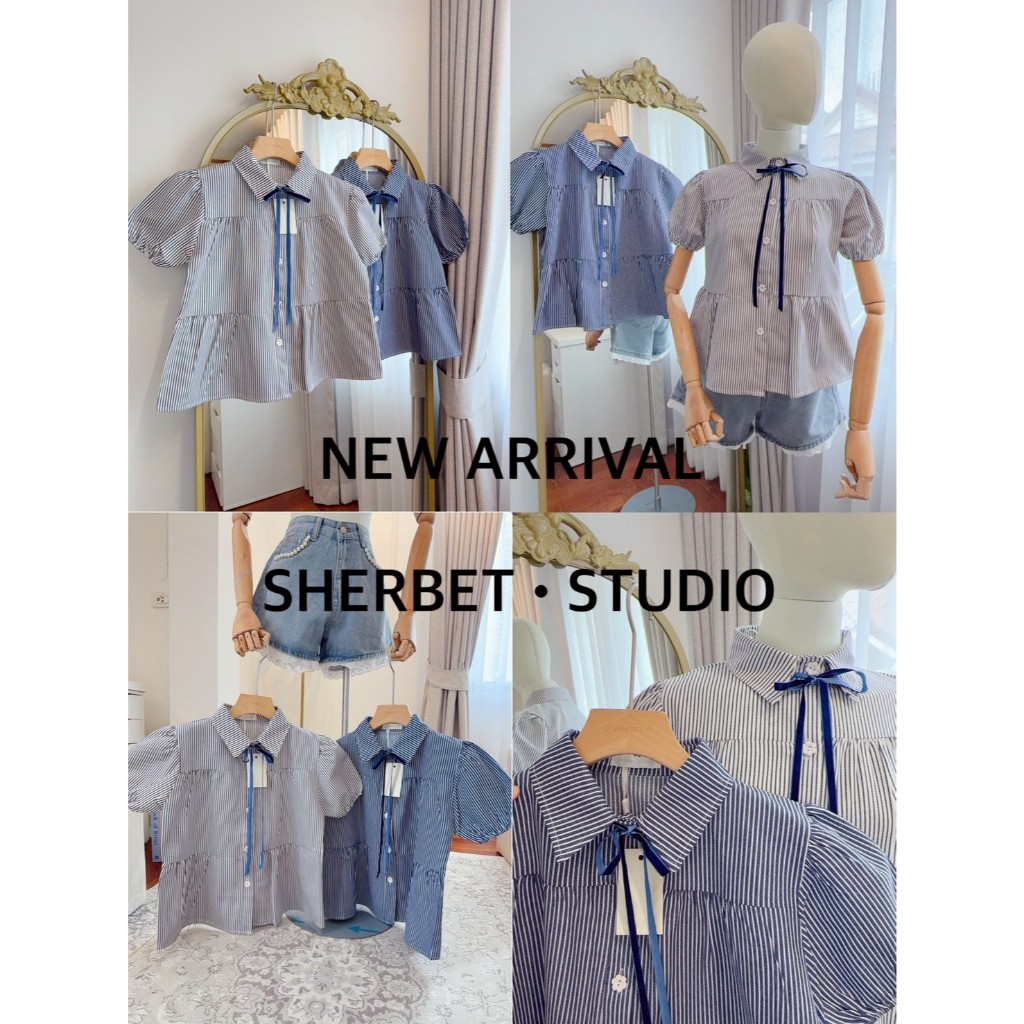 ป้าย Sherbet เสื้อผ้ายีนส์ลายริ้วแขนตุ๊กตาเย็บต่อเป็นชั้น ๆ ทรงน่ารัก อก 38 นิ้ว ยาว 22 นิ้ว