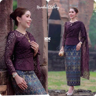 เสื้อลูกไม้ แต่งสไบ คอกลม แขนยาว งานเข้ารูปเข้าทรงสวย ใส่ออกงาน ไปวัด ทำบูย สวยมาก