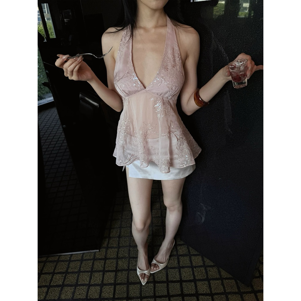 Hydrae’s Pink Deep V-Neck Embroidered Halter Vest