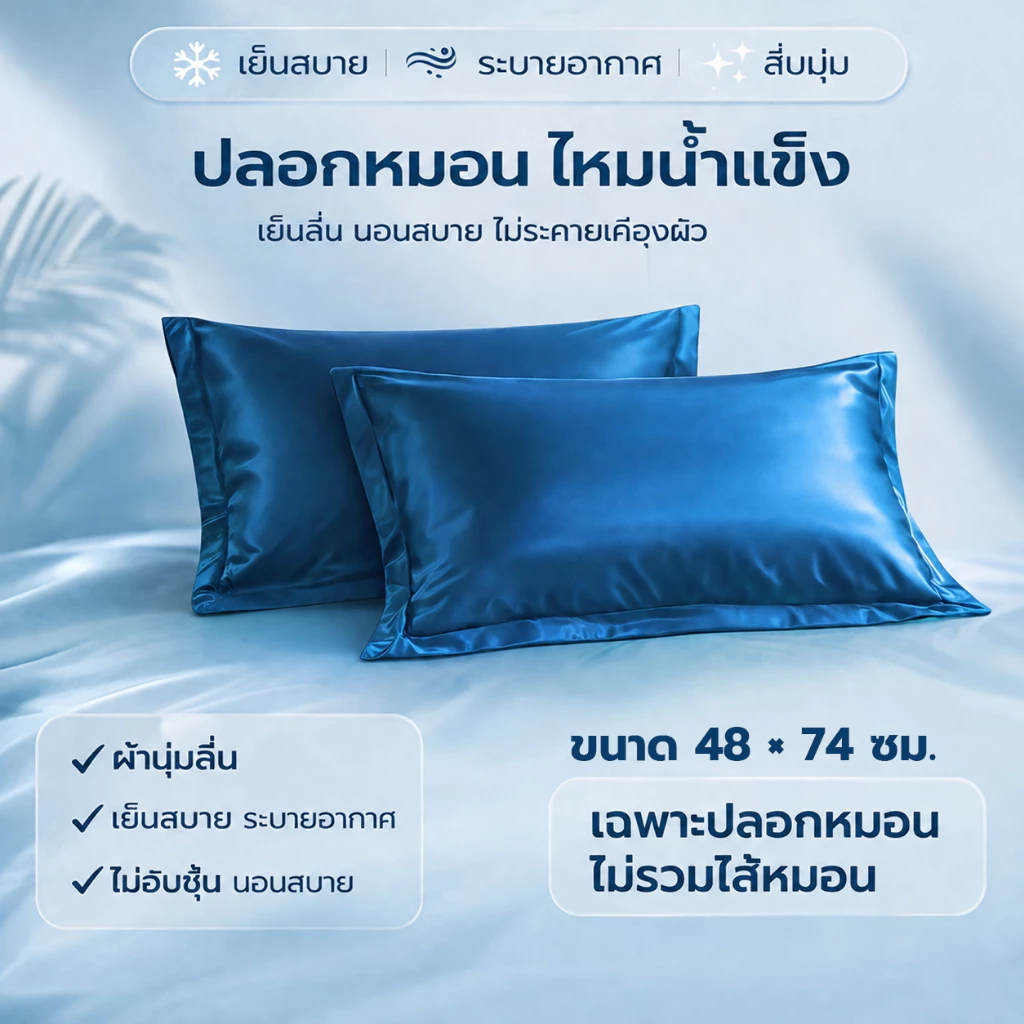 ปลอกหมอนผ้าเย็น ไอซ์ซิลค์ ลื่นนุ่ม เย็นสบาย ไม่เหนียวตัว ระบายอากาศดี ขนาด 48x74 ซม. (19x29 นิ้ว)