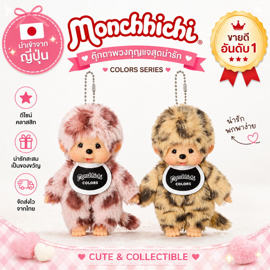 🇯🇵นำเข้าจากญี่ปุ่น 🐆Monchhichi COLORS พวงกุญแจตุ๊กตาลายเสือดาว รุ่นหายาก เท่ไม่ซ้ำใคร น่าสะสม