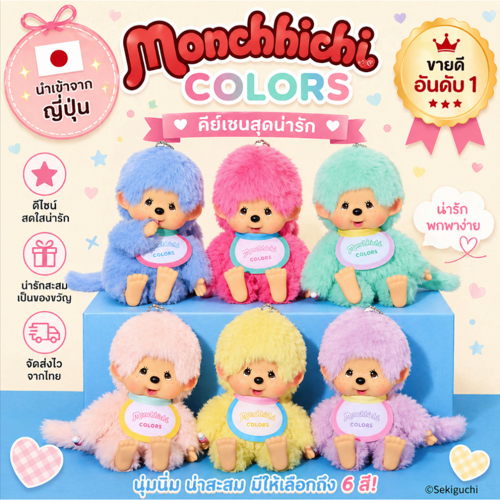 🇯🇵นำเข้าจากญี่ปุ่น 🌈Monchhichi COLORS พวงกุญแจตุ๊กตาสีพาสเทล 6 สีให้เลือก รุ่นหายาก น่าสะสม