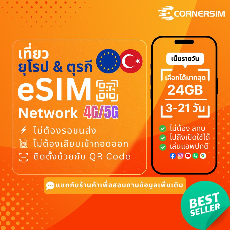 eSIM Europe Turkey อีซิมยุโรป ตุรกี 33 ประเทศ ความเร็ว 4G/5G เน็ตไม่อั้น เน็ตสปีดวันละ 1/2/3GB นาน 3-21 วัน