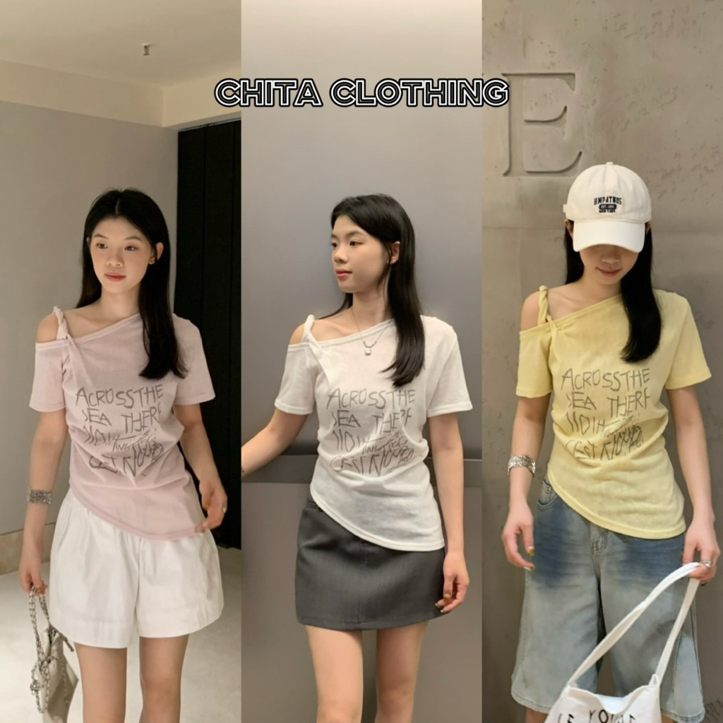 9442# เสื้อแขนสั้น ดีไซเก๋ สกรีนลายช่วงอก เนื้อผ้ายืดอย่างดี ยืดหยุ่นได้เยอะ TAG:WG.WE 🇰🇷