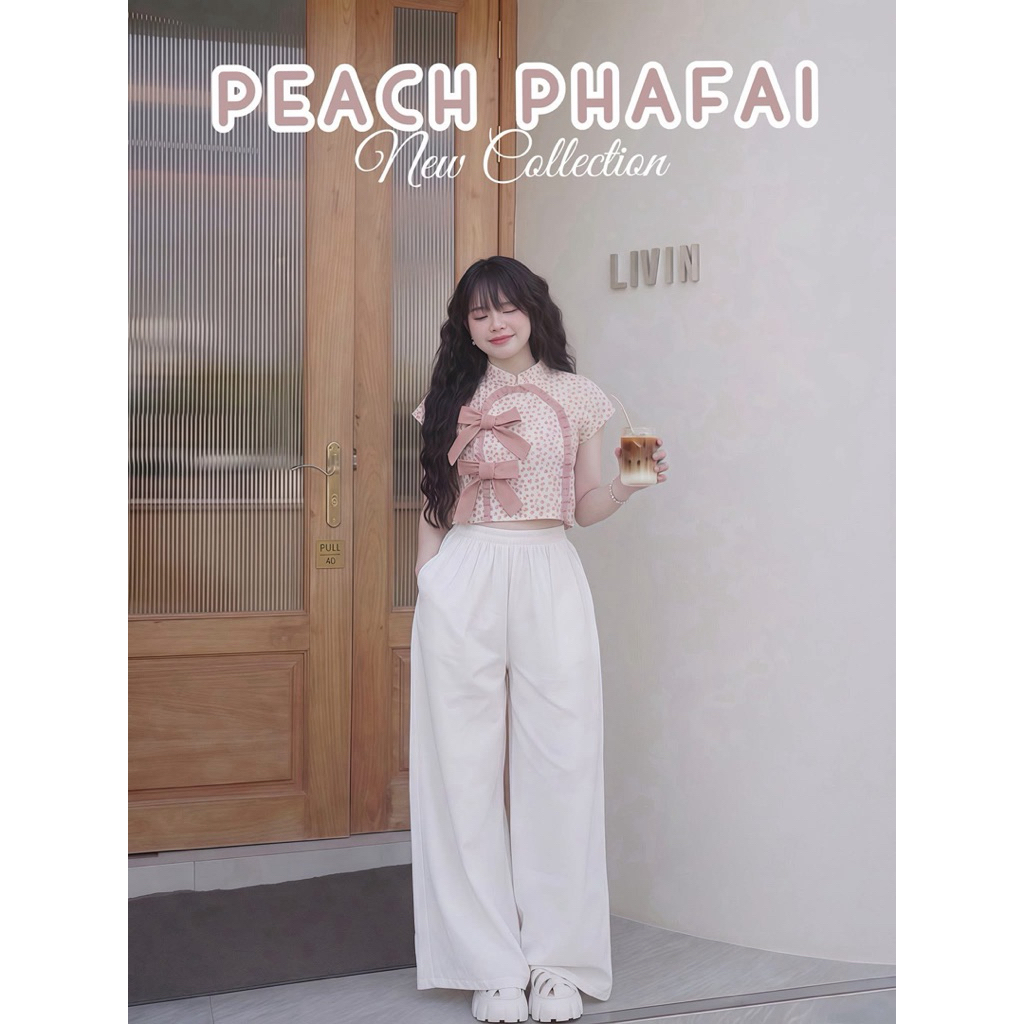 ชุดลายดอกกางเกงขาว เสื้อจีนแขนเลย