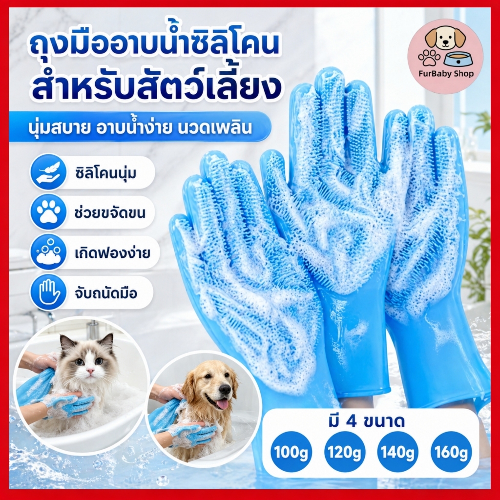 【FurBaby】 พร้อมส่ง COD แปรงอาบน้ำแมว ถุงมือซิลิโคนนิ่ม แปรงนวดสุนัข ขัดตัวสัตว์เลี้ยง ทำความสะอาดดี ทนทาน ใช้งานดี