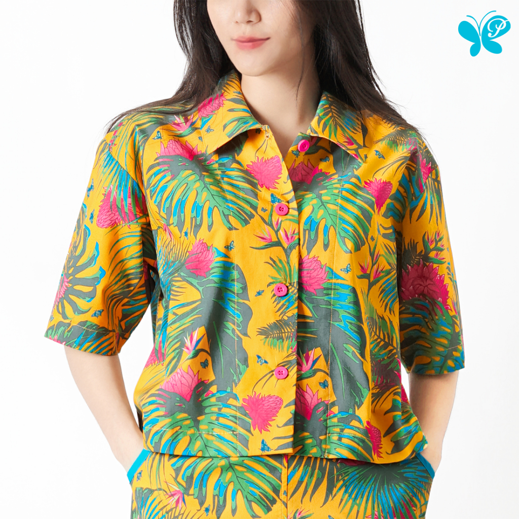 เสื้อเชิ้ตผู้หญิง [Papillon] Women Oversized Cropped Shirt ทรงโอเวอร์ไซส์ ตัวสั้น ผ้า Cotton 100% ทอเนื้อบาง ลายดอกดาหลา