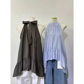M2122 New Arrival! เสื้อสายคล้องคอผูกโบว์หลัง ชายระบายพริ้วสวย สไตล์มินิมอลเกาหลี