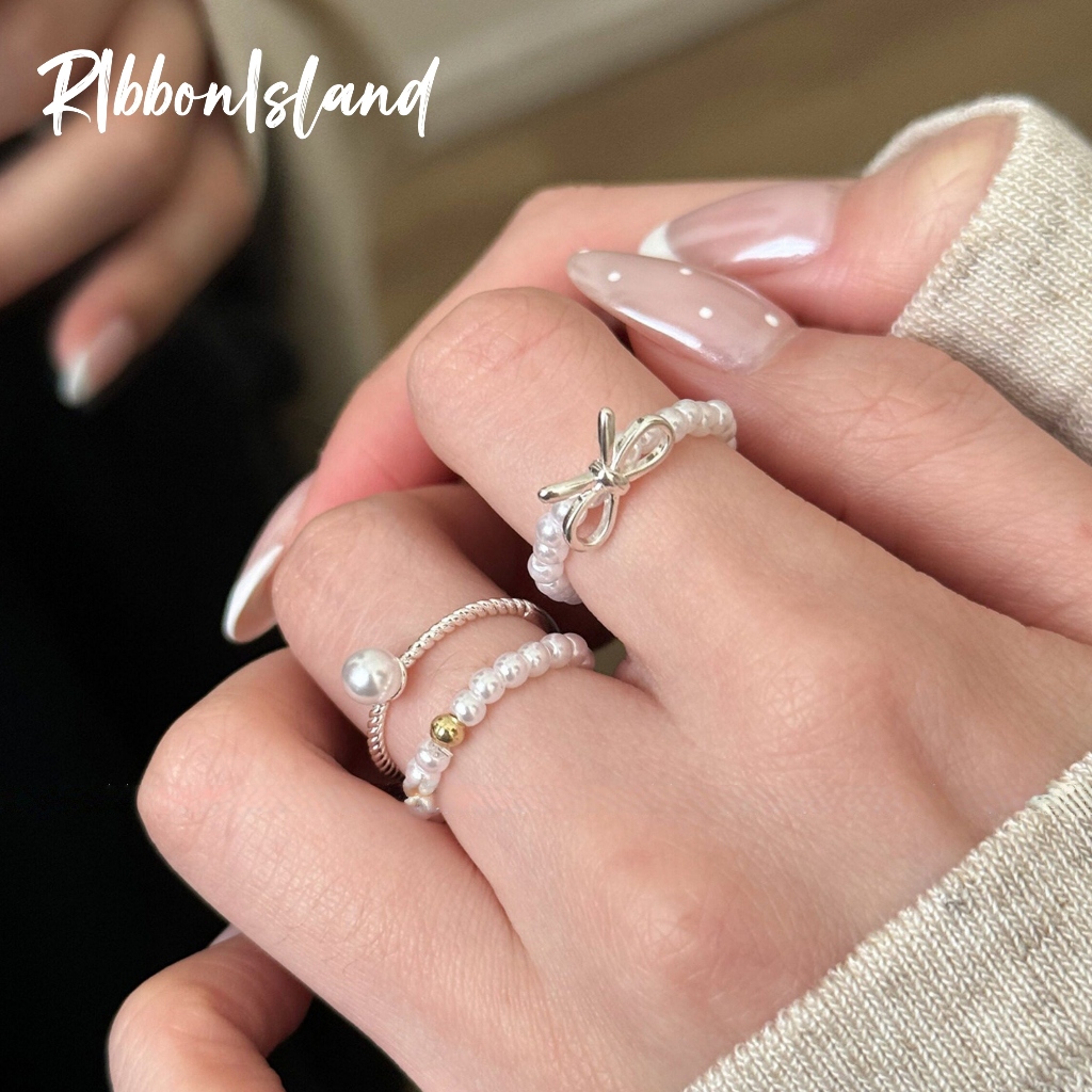 แหวน ring มุก โบว์ ins สไตล์เกาหลี แฟชั่น สำหรับผู้หญิง silver น่ารัก มินิมอล สไตล์บัลเลต์ หวาน COD