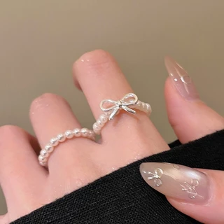 แหวน ring มุก โบว์ ins สไตล์เกาหลี แฟชั่น สำหรับผู้หญิง silver น่ารัก มินิมอล สไตล์บัลเลต์ หวาน COD