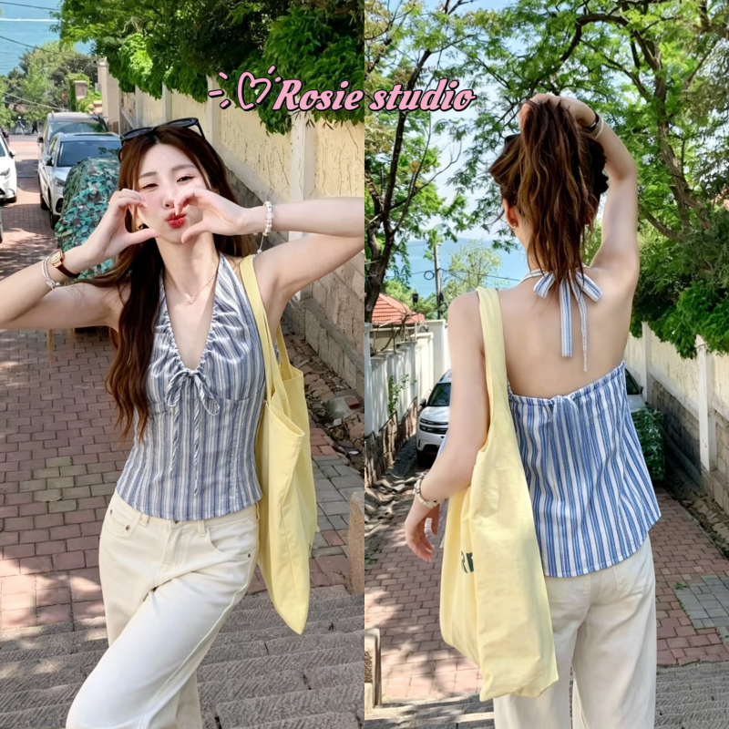 Rosie🎐 พร้อมส่ง💗เสื้อผู้หญิงสายเดี่ยวคล้องคอ ผ้าลินินคอว์ ผูกโบว์หลัง ทรงรัดรูปคอรอป ดูหุ่นเพรียวสวย