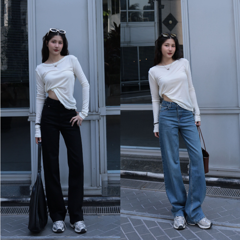 ยีนส์ Nammon jeans F50-F51 กางเกงยีนส์ขากระบอกใหญ่เรียบ - ผ้ายืด