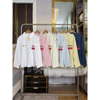 (อก 50“) เสื้อเชิ้ตแขนยาว ปักเชอร์รี่ 🍒แต่งกระเป๋าหน้า >>เนื้อผ้าบับเบิ้ลฟู