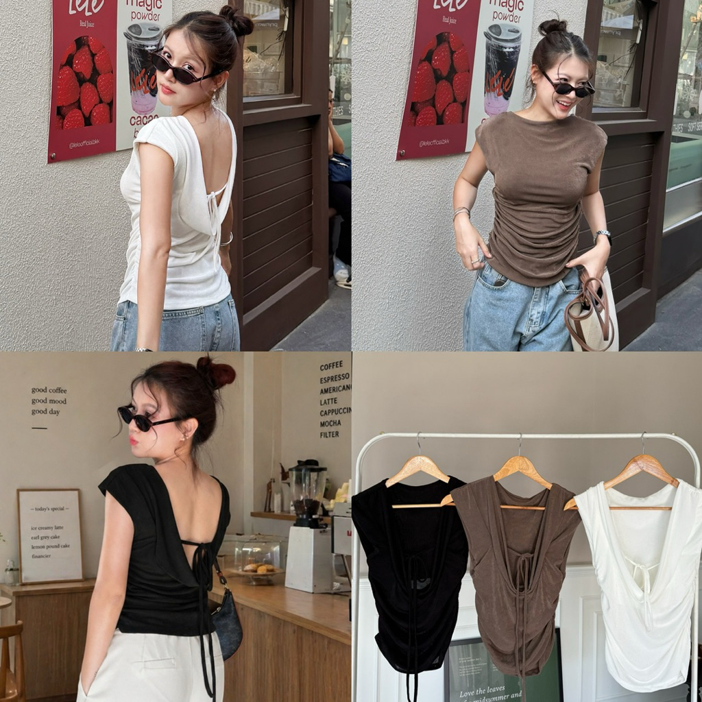 M71-เสื้อเปิดหลังผูกโบว์ ทรงเข้ารูป ผ้ายืดเกาหลี สายแฟ มินิมอล เซ็กซี่เบาๆ ใส่เที่ยว/คาเฟ่ได้