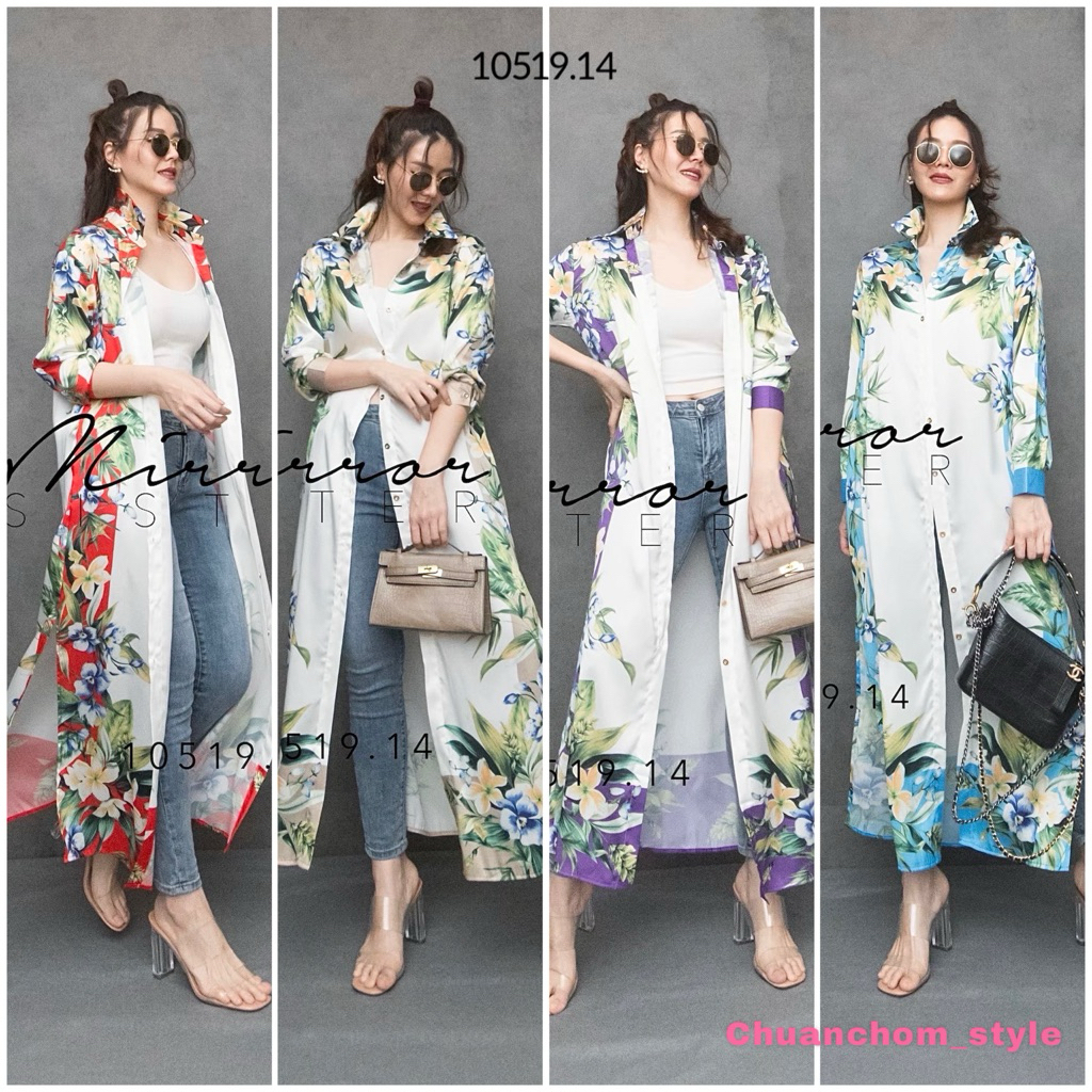 🔖Mirrorsister​ 10519.14 เดรสเชิ้ตสกรีนลายดอกแขนยาว  ปลายแขนตัดต่อสีพื้น กระดุมทองผ่ากลางตลอดลำตัว