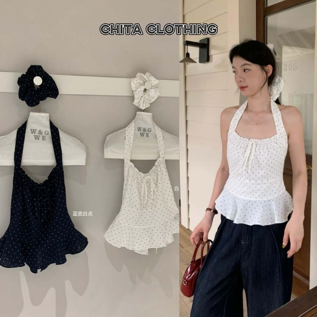9152# เสื้อคล้องคอ ลาย polka dot งานซิปหลังมาพร้อมยางมัดผม เนื้อผ้าดี งานสวย TAG:WG.WE 🇰🇷