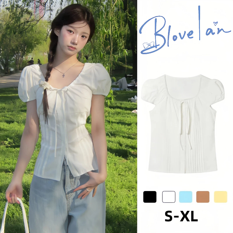 เสื้อยืดแขนสั้น ขาว เว้าเอว งานรัดรูป เสื้อแขนตุ๊กตา สีพื้น แฟชั่น เสื้อครอปคอกว้างแ เวอร์ชั่นเกาหลี (ส่งจากกรุงเทพฯ)