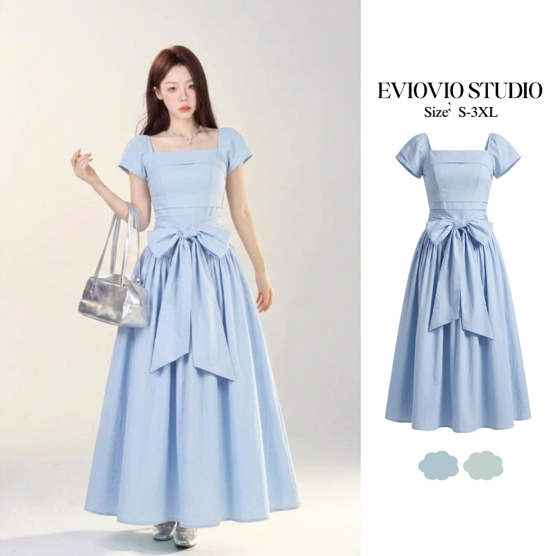 S-3XL【EVIOVIO】เดรสยาวคอเหลี่ยมทรงบัลเล่ต์ มินิมอลเกาหลี ชุดไปคาเฟ่ ชุดออกงาน ชุดไปงานแต่ง ชุดเพื่อนเจ้าสาว พร้อมส่ง🍫