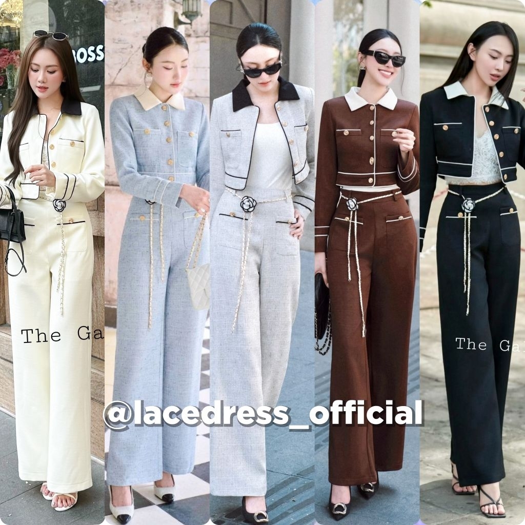 The gallery / ชุดเซ็ต3ชิ้น เสื้อและกางเกงขายาวพร้อมเข็มขัดโซ่ดอกไม้