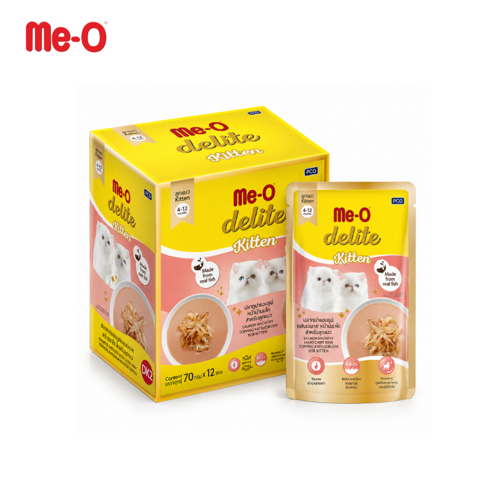 Me-O Delite Kitten อาหารเปียกลูกแมว แซลมอนมูส นมแพะ 70g x12ซอง Petus Kingkaew