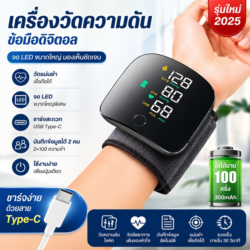 💟ส่งจากไทย💟เครื่องวัดความดันข้อมือ อัตโนมัติอย่างเต็มที่ หน้าจอสัมผัสอัจฉริยะ ความแม่นยำสูงเครื่องวัดความดันโลหิต