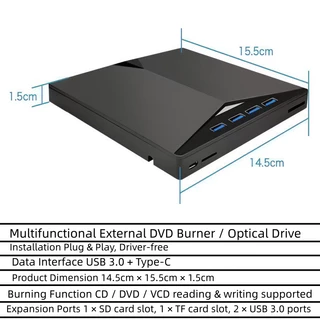 ไดรฟ์ดีวีดีภายนอก USB3.0 Type-C 7in1 เครื่องเขียนแผ่น CD DVD มีช่องเสียบ SD TFการ์ด อ่านและเขียนแผ่น
