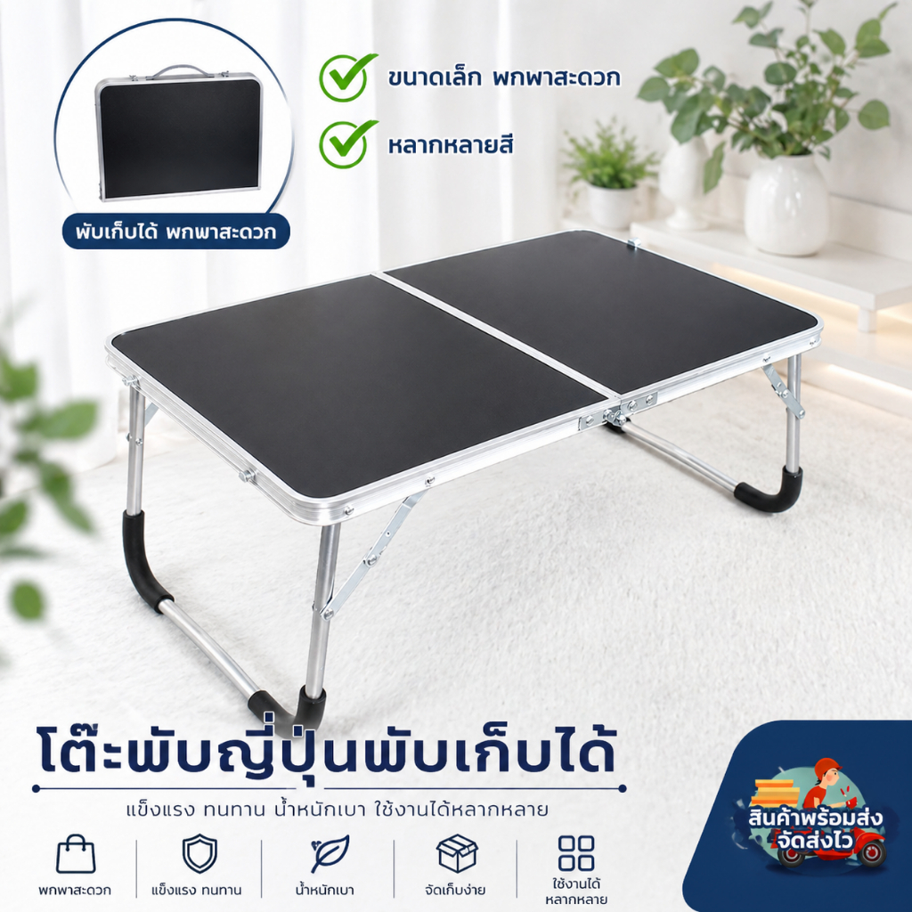 โต๊ะพับญี่ปุ่นแบบกระเป๋าหูหิ้ว ขาอลูมิเนียม เหมาะสำหรับวางของ เขียนหนังสือ สินค้าแข็งแรง ทนทาน