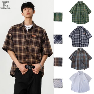 TideCore เสื้อเชิ้ตแขนสั้นทรงหลวมสำหรับผู้ชาย ลายสก๊อต / ลายทาง ผ้าคอตตอนทนทาน แมทช์ได้ทุกโอกาส ดูดีมีสไตล์ ดึงดูดสายตา