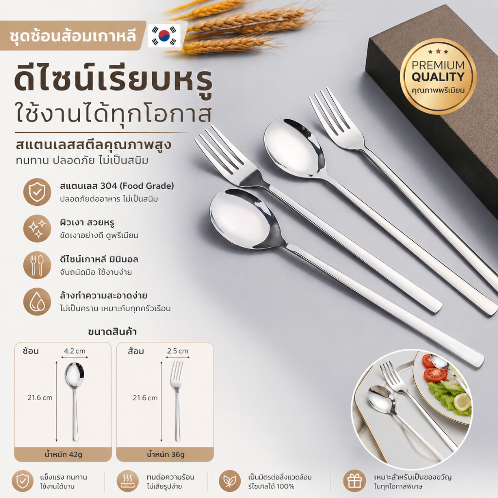 ช้อนส้อมเกาหลี ช้อนเกาหลี สแตนเลส ซ่อมเกาหลี ช้อนรับประทานอาหาร No.KC3