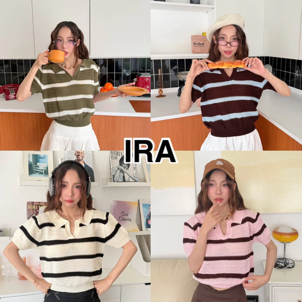 BY IRA Robbie Top เสื้อครอปไหมพรมโปโลแขนสั้นลายทาง (เย็บอะไหล่) ผ้าไหมพรมนุ่มนิ่มใส่สบาย แต่งงานกระดุม