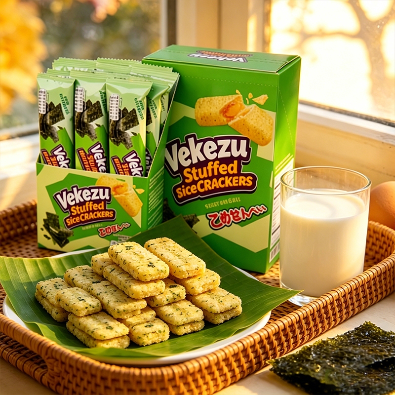 บิสกิตข้าวหอใส่ไส้ Vekezu 1กล่อง 12ชิ้น มี 3 รสชาติ รสชาติอร่อย บรรจุภัณฑ์แยก ทานได้ทุกวัย