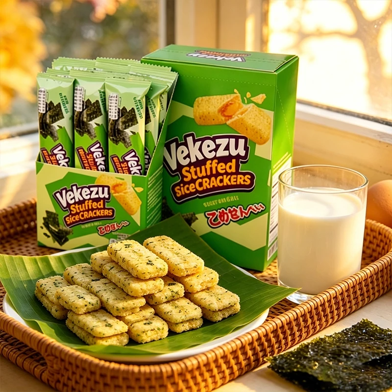 บิสกิตข้าวหอใส่ไส้ Vekezu 1กล่อง 12ชิ้น มี 3 รสชาติ รสชาติอร่อย บรรจุภัณฑ์แยก ทานได้ทุกวัย