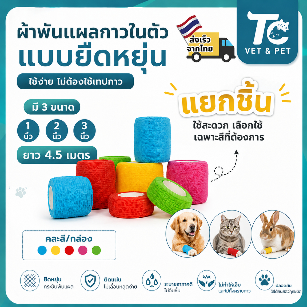 TC VET&PET แยกชิ้น ผ้าพันแผลมีกาวในตัว สำหรับสัตว์เลี้ยง