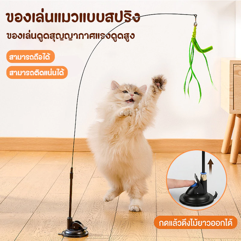 PETLUSCI® ไม้ล้อเล่นแมว 80ซม ของเล่นแมวแบบโต้ตอบ ของเล่นแมวมีขนนกและกระดิ่ง ไม้ตกแมว ไม่หักง่าย