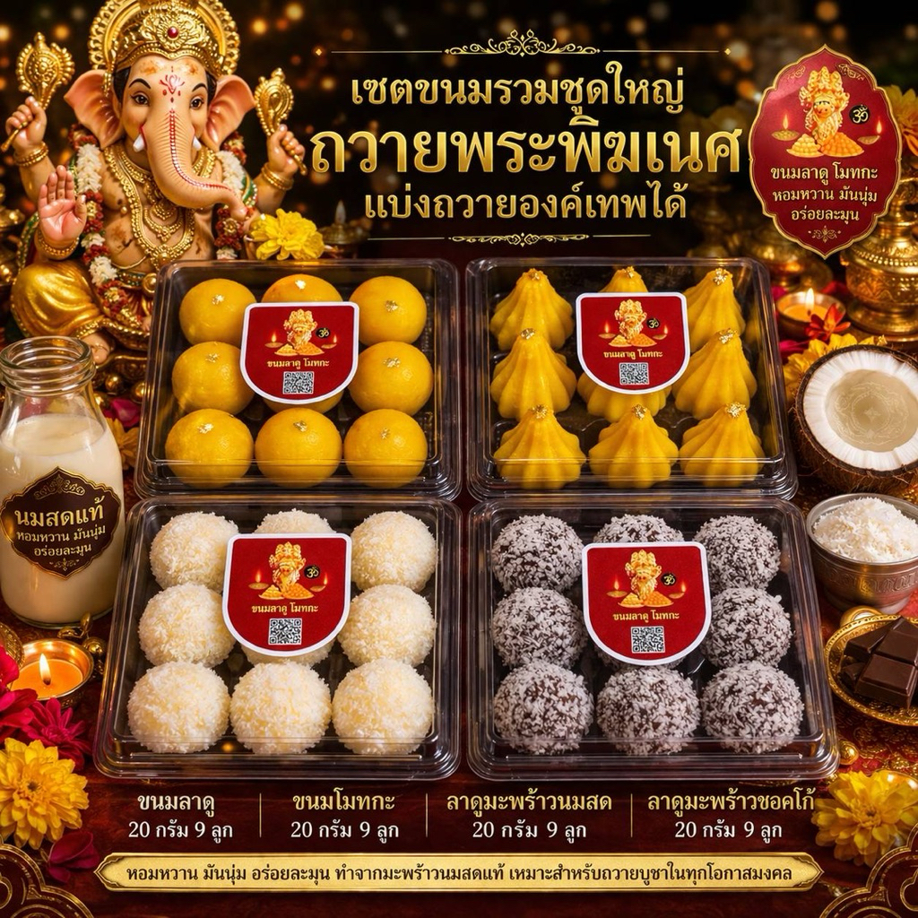 (มีส่งด่วน) ‼️  เซตขนมรวม4อย่าง ลาดู โมทกะ ลาดูมะพร้าวนมสด ลาดูมะพร้าวชอคโก้