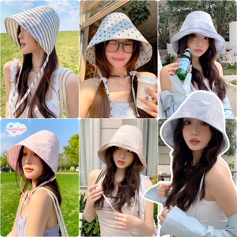 Fashion girl💗💗แฟชั่นใหม่ หมวกชาวประมง ins ลายเส้น ลายตารางหมากรุก หมวกกันแดด ทำให้ใบหน้าดูเล็กลง top