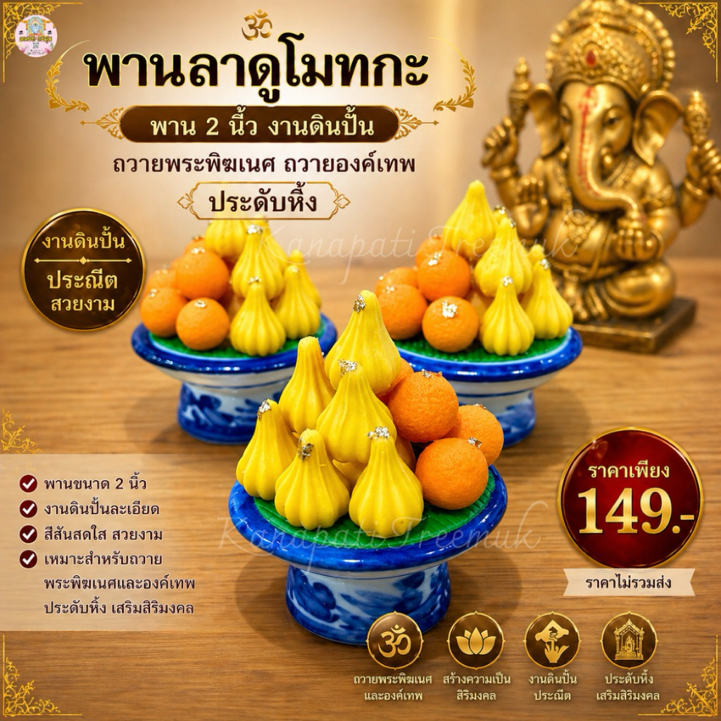 พานลาดูโมทกะ พาน2 นิ้ว งานดินปั้น ถวายพระพิฆเนศ ถวายองค์เทพ ประดับหิ้ง🕉️