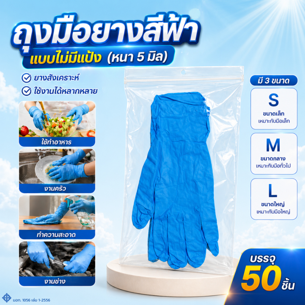 ถุงมือยางไนไตรสีฟ้าแบบหนา ของแท้ ไม่ผสมไวนิล (เทียบเท่าถุงมือศรีตรัง) ไม่มีแป้ง ใส่ซองซิป 50 ชิ้น