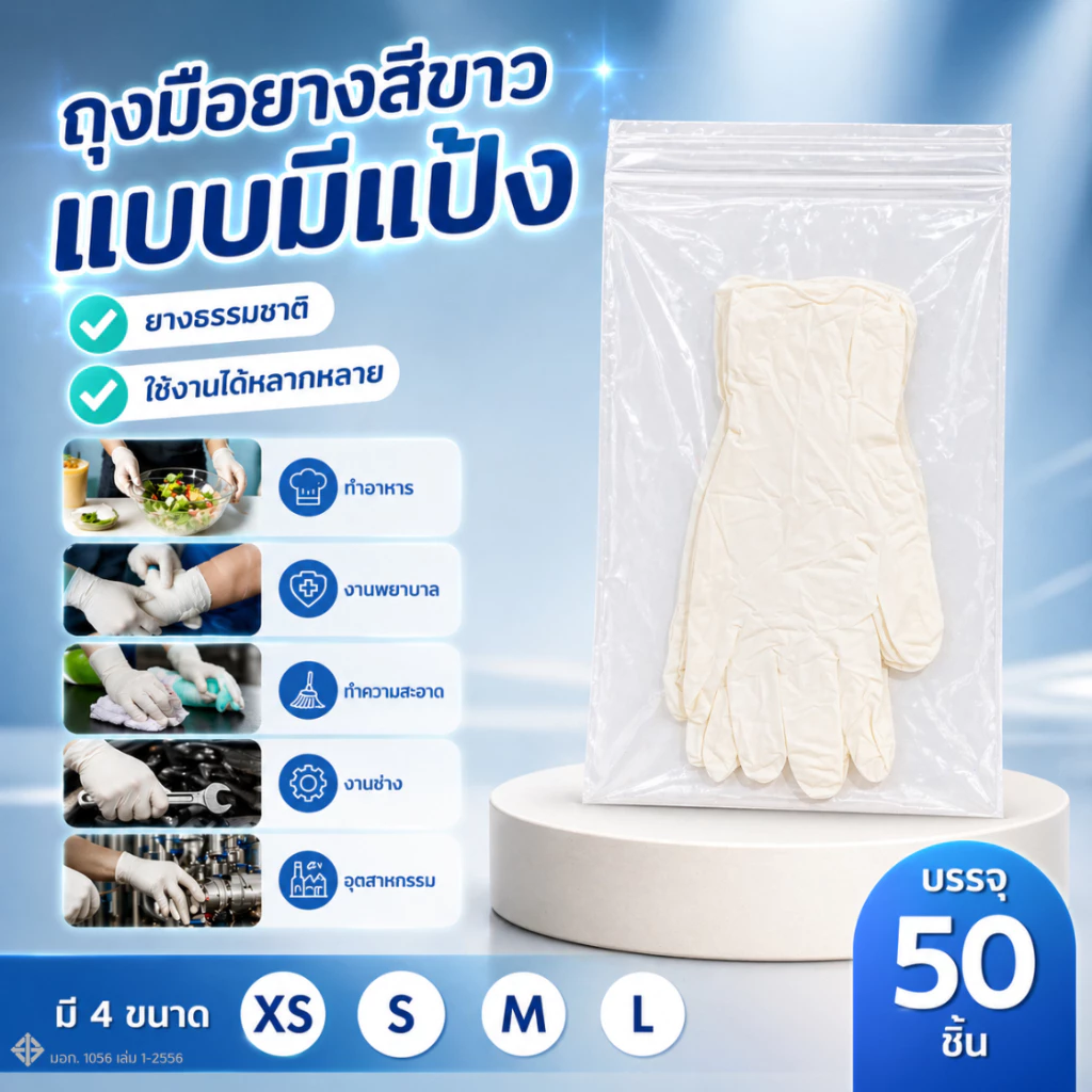 ถุงมือยาง มีแป้ง เทียบเท่าซาโตรี่ (กล่องชมพู) ถุงมือยางสีขาว มีแป้ง ถุงมืออเนกประสงค์ 50 ชิ้น