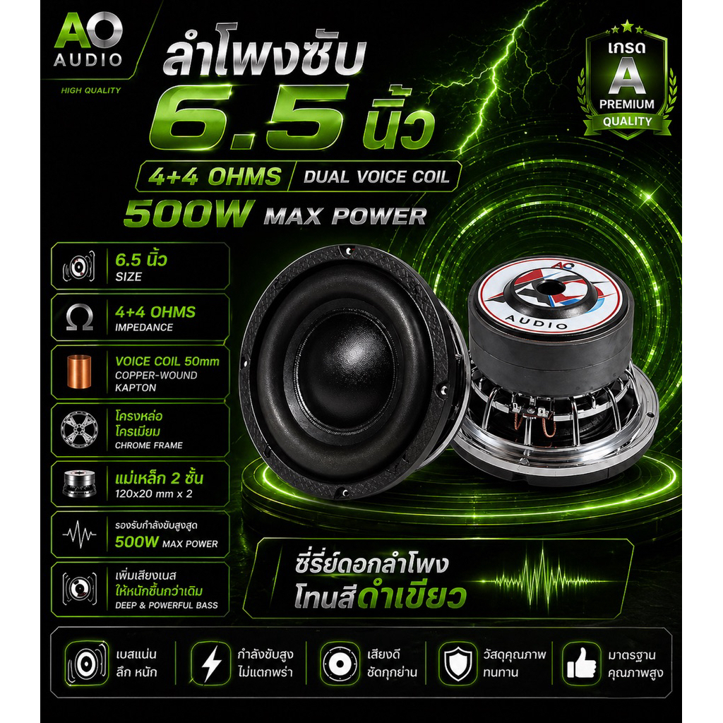 ดอกซับวูฟเฟอร์ 6.5 นิ้ว 4+4 โอห์ม 500W วอยซ์คู่ โครงหล่อ (ราคาต่อ1ดอก)
