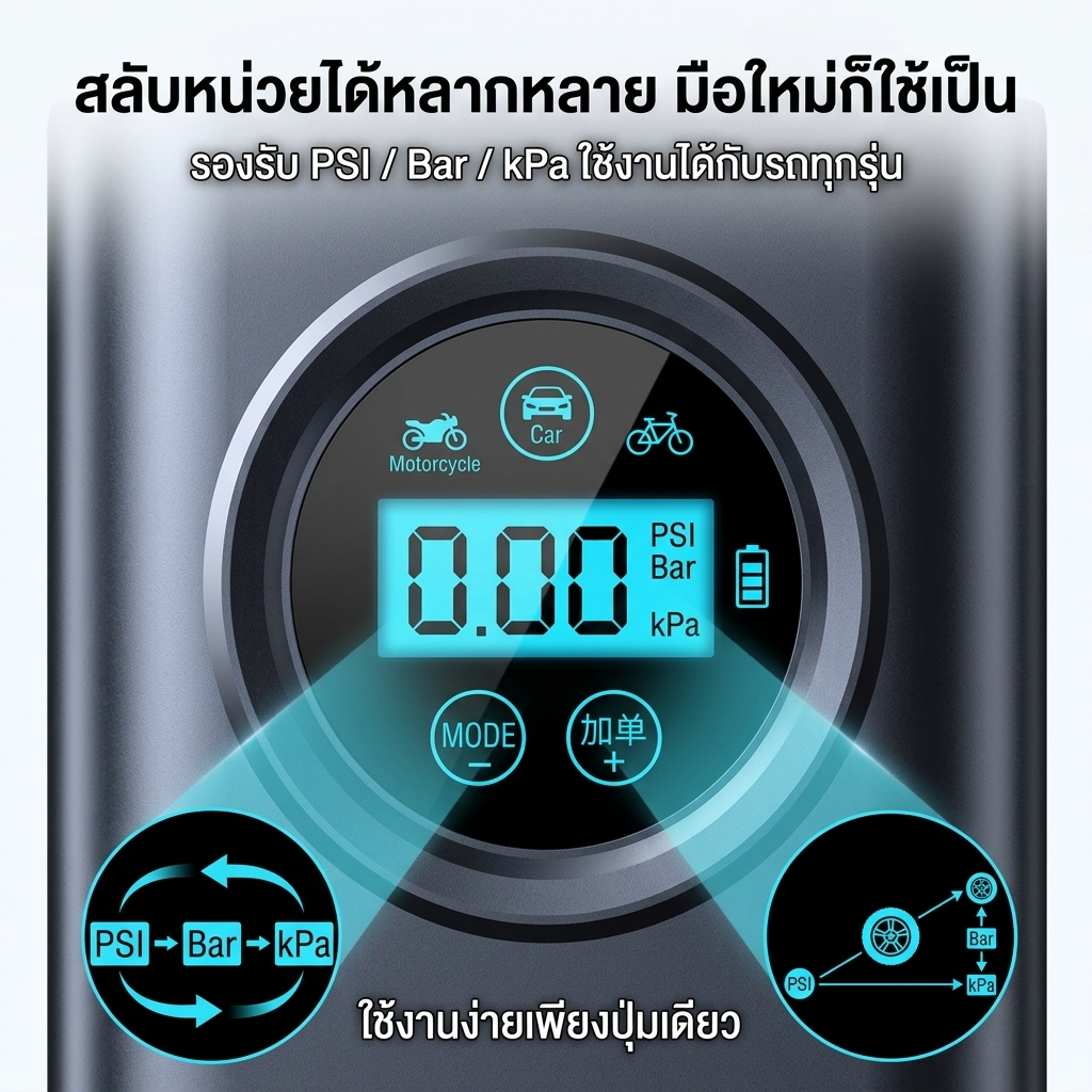 ปั้มลมพกพา ปั้มลมไฟฟ้า ที่สูบลมจักรยาน ที่เติมลม USB จอLED เครื่องเติมลมอัต การวัดแรงด ชาร์จไฟได้ รูปที่ 2