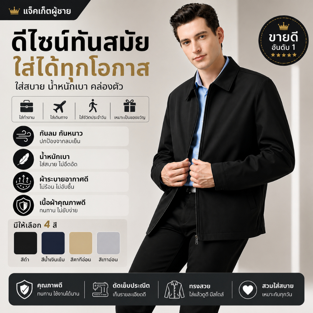 เสื้อแจ็คเก็ตผู้ชาย สีดำ ทรงสุภาพ กันลม บางเบา ใส่ทำงาน ใส่เที่ยว แจ็คเก็ตลำลองเกาหลี
