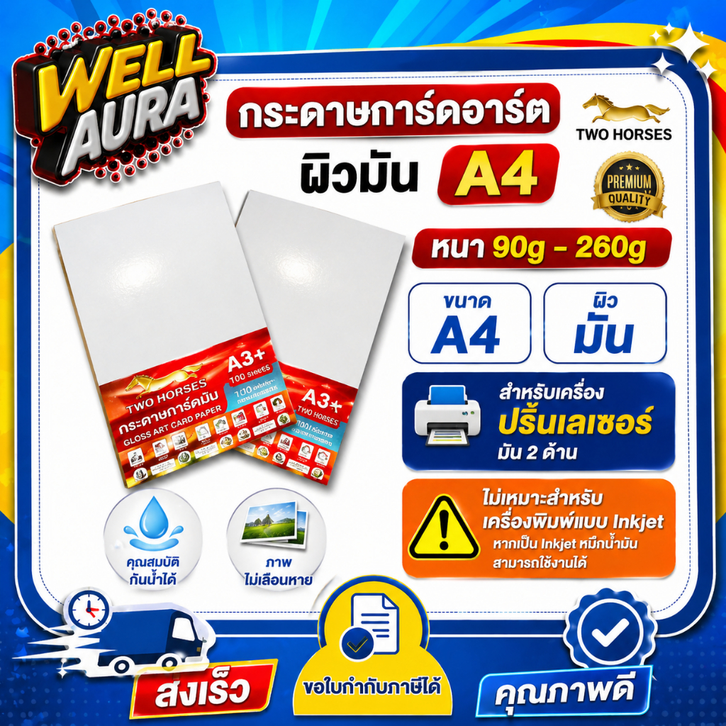 [ส่งด่วน] กระดาษการ์ดอาร์ตหนา 90g-260g ขนาด A4  ผิวมันสำหรับเครื่องปริ้นเลเซอร์ มัน2ด้าน