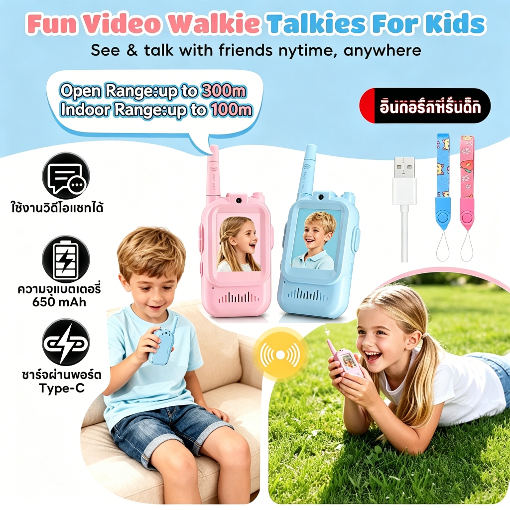 Kids Video Intercom Walkie Talkie HD จอชัด เปลี่ยนเสียง ส่งจากไทย วิทยุสื่อสารเด็ก 2 เครื่อง มีวิดีโอคอล ชาร์จได้ เล่นสน