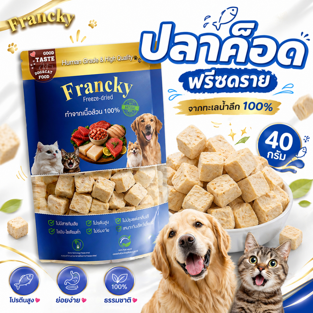 [ฟื้นฟูผิวหนัง คุมน้ำหนัก] ปลาค็อดทะเลน้ำลึกฟรีซดราย Francky ไขมันต่ำ โปรตีนพรีเมียม  (Deep Sea Cod)